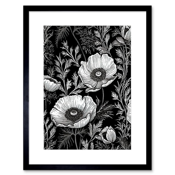 Poppy Wild Flower Pattern Black and White Linocut Artwork Framed Wall Art Print 9X7 Inch