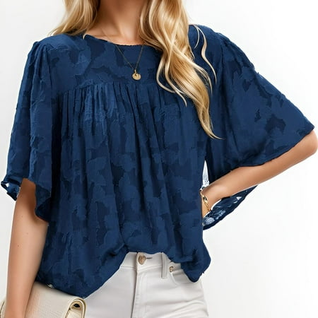 Weardear Womens 3/4 Bell Sleeve Blouse Crew Neck Lace Floral Textured Babydoll Shirts