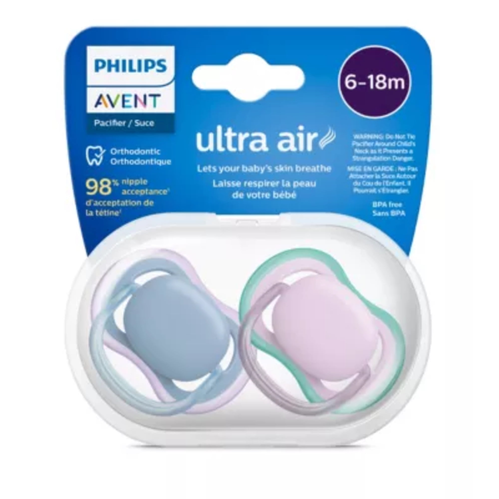 Philips Avent Ultra Air Pacifier 6-18M, Blue Hush / Lush Lilac, 2 Pack, SCF085/34