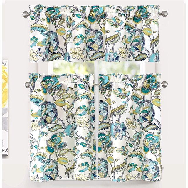 DriftAway Layla Classic America Style Floral Leaves Pattern Semi Sheer 3 Pieces Rod Pocket Kitchen Window Curtain