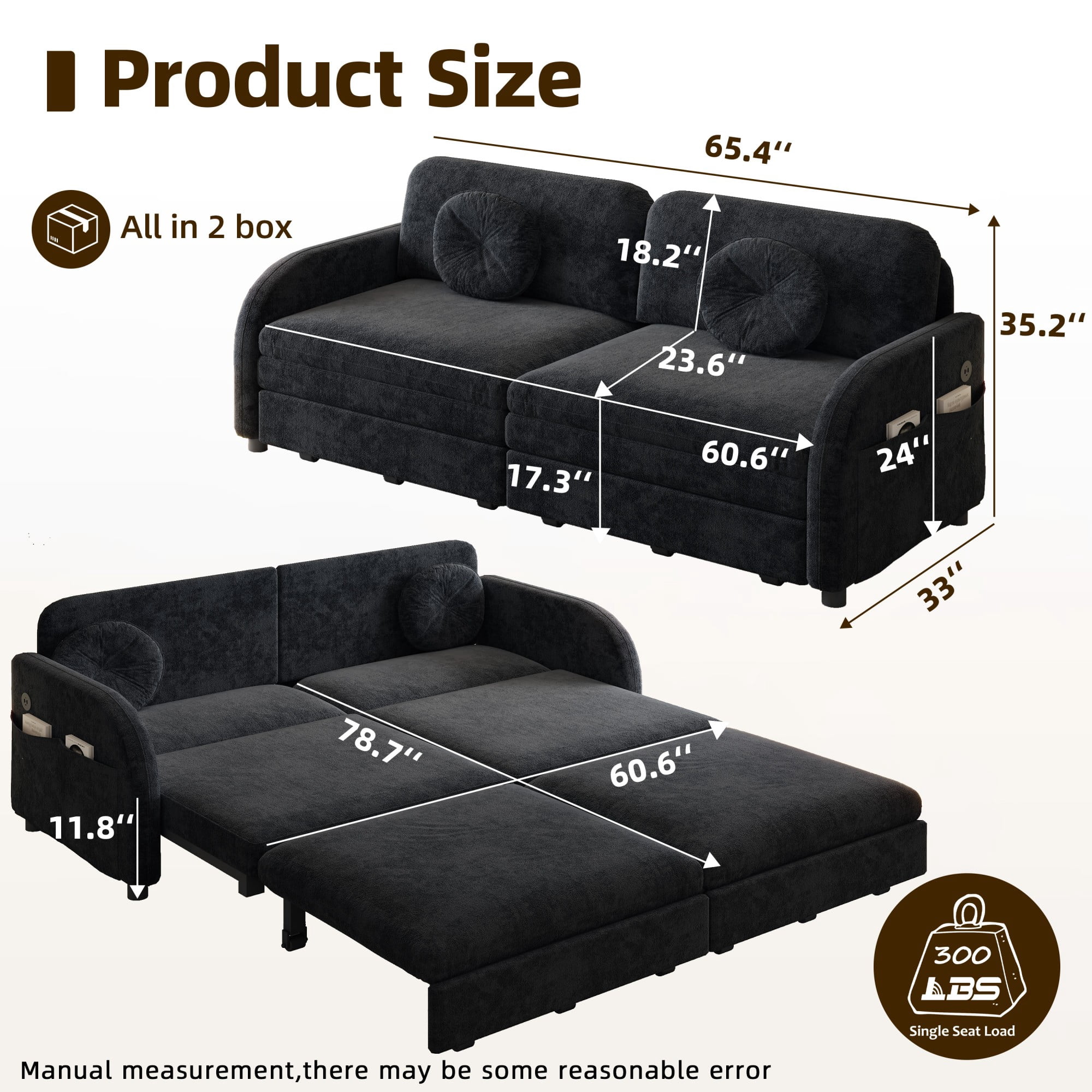 LLappuil Queen Size Pull Out Sofa Bed, Compact Loveseat Sofa Covertible Sofa Bed with USB Port, Side Pocket , Chenille Sofa Couch for Living Room Black