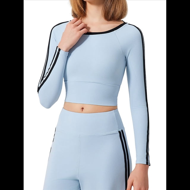 Tops Deportivos de Larga para Mujer, Camiseta Deportiva Ajustada Y2K para Gimnasio, Conjuntos de Otoño 2025 con Bloques de Color A Luna Azul L