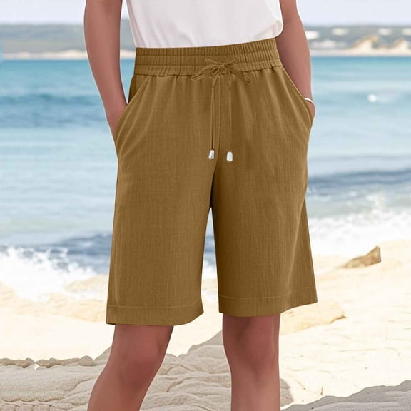 Summer Plus Size Shorts Pants For Women With Pockets Casual Loose Baggy Linen Trousers Overalls Cropped Solid Color Biker Shorts Running Yoga Shorts ( Khaki—4XL )
