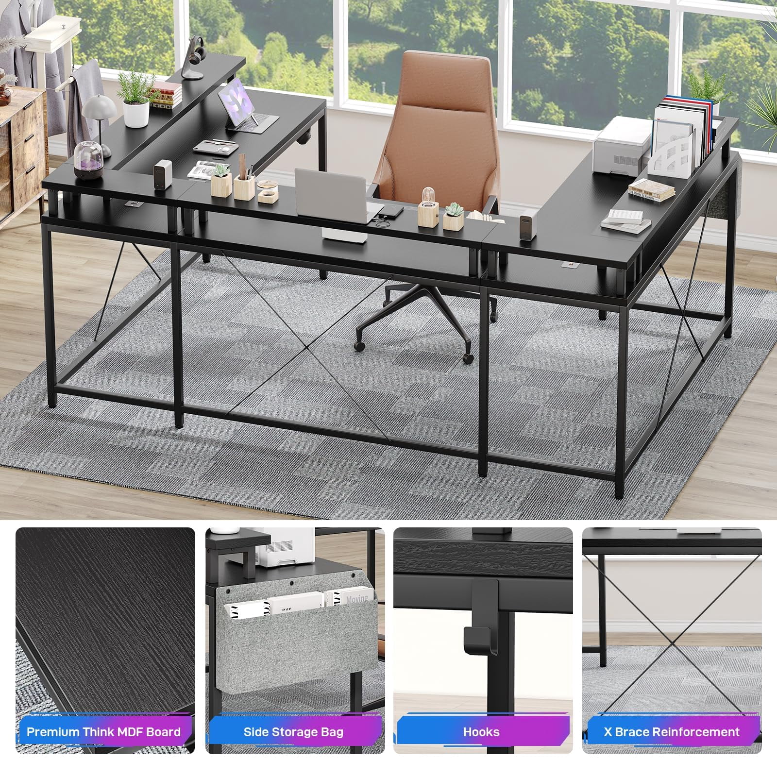 Luku U Shaped Home Office Desk, Reversible L Shaped Gaming Computer Desk with Power Outlets,126 Inch Computer Desk with Monitor Stand and LED Lights,Storage Shelves,Storage Bag and Hooks