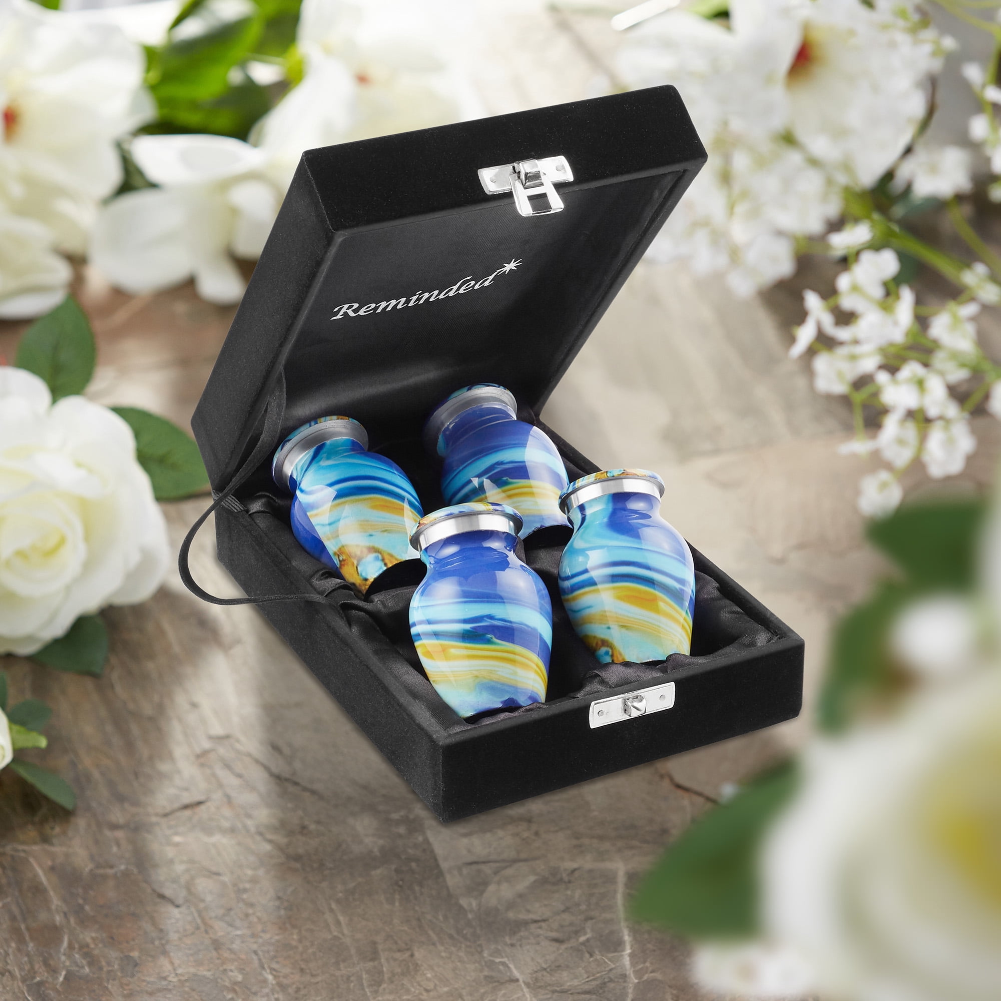 Reminded Small Keepsake Cremation Urns for Human Ashes, Set of 4 Blue Swirl Miniature Memorial Urns with Velvet Case and Bags