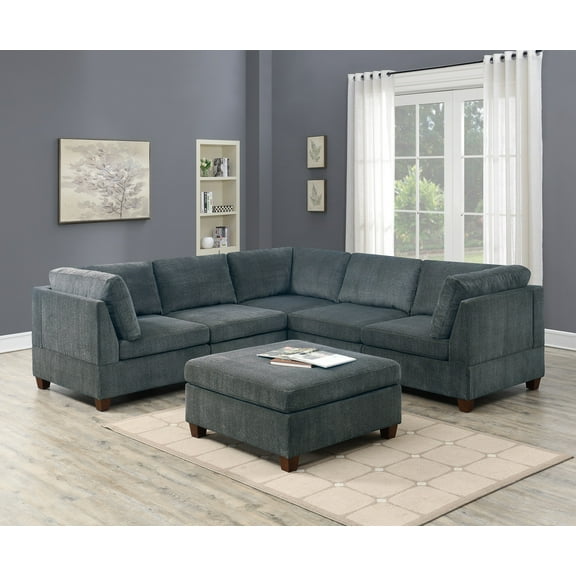 Unique Modular 6pc Sectional Sofa Set Grey Chenille Fabric Wood Legs 3 x Corner Wedge 2x Armless chairs and 1 x Ottoman