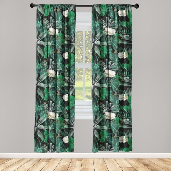 Jungle Scene Window Curtains, Tropical Aloha Leaves Greenery with Floral Boho Dreamy Exotic Print, Lightweight Decor 2-Panel Set with Rod Pocket, Pair of - 28"x63", Fern Green Jade Green, by Ambesonne