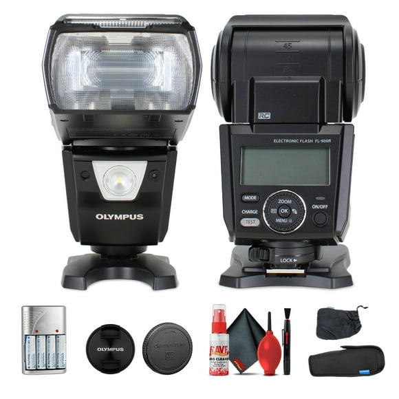 Olympus FL-900R Electronic Flash (V326170BW000) Bundle Including: Rechargeable AA Batteries, Cap Keeper, Full Cleaning Kit