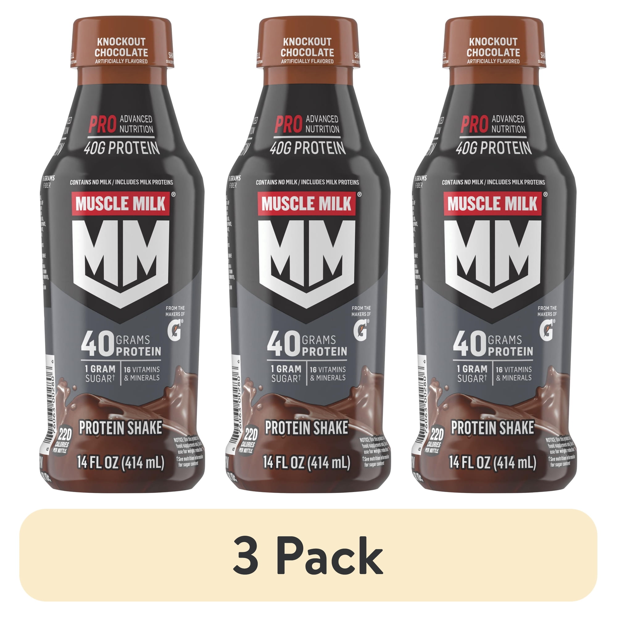 (3 pack) Muscle Milk Pro Advanced Nutrition Knockout Chocolate Protein Shake, 14 fl oz, 1 Count Bottle