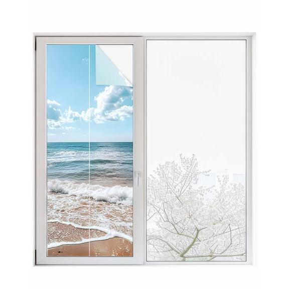Window Privacy Film Ocean Stained Glass Window Film Decorative Sun Block Window Cover Summer Sandy Beach Blue Sky Coastal Waves Window Clings Static Adhesive Sticker for Bathroom 23.6"x59"