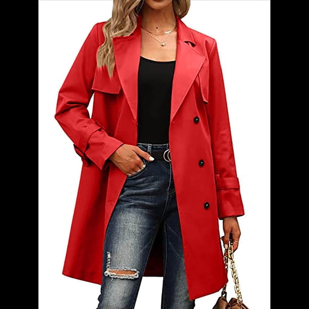 Gabardina Larga Cruzada de Larga para Mujer, Cortavientos, Clásica, con Solapa y Cinturón. Rojo M