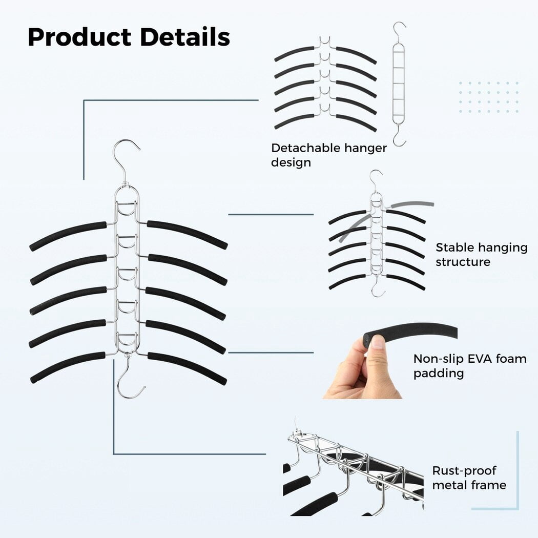 Space Saving Clothes Hangers, 2PCS 5 in 1 Multi-Layer Metal Clothes Hangers, Non-Slip Foam Padded Clothes Racks, Detachable Closet Organizers for Shirts, Sweaters, Suits, Coats, Pants