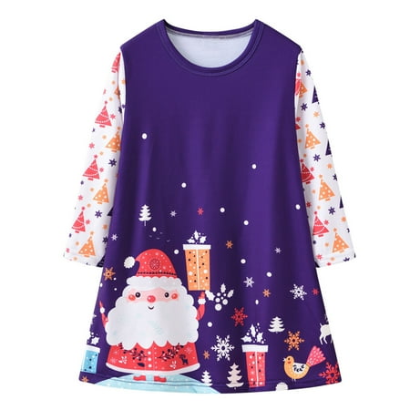 

Chaoren O-Neck Long Sleeve Girls Dress Festive Christmas Themed Print Kids Dress for Daily Wear