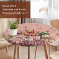 thumbnail image 4 of Pink Gingerbread Christmas Round Tablecloth, Fitted Table Cover with Elastic for 36"-44" Round Tables, Xmas Tree Gift House Star Table Cloth Outdoor Indoor Dinning Party Waterproof Tablecloths, 4 of 7
