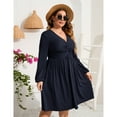 thumbnail image 4 of Women's Long Sleeve V Neck Knotted Elastic Front Knee Length Plus Size Midi Dress, 4 of 5