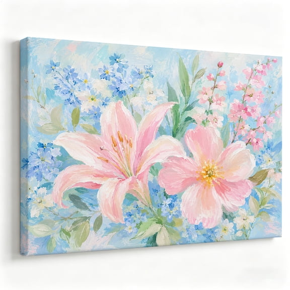 Pink Lily and Wildflowers Canvas Wall Art Impressionist Floral Bouquet Poster Pastel Botanical Oil Painting Living Room Bedroom Spring Decor Print Ready to Hang 8*12