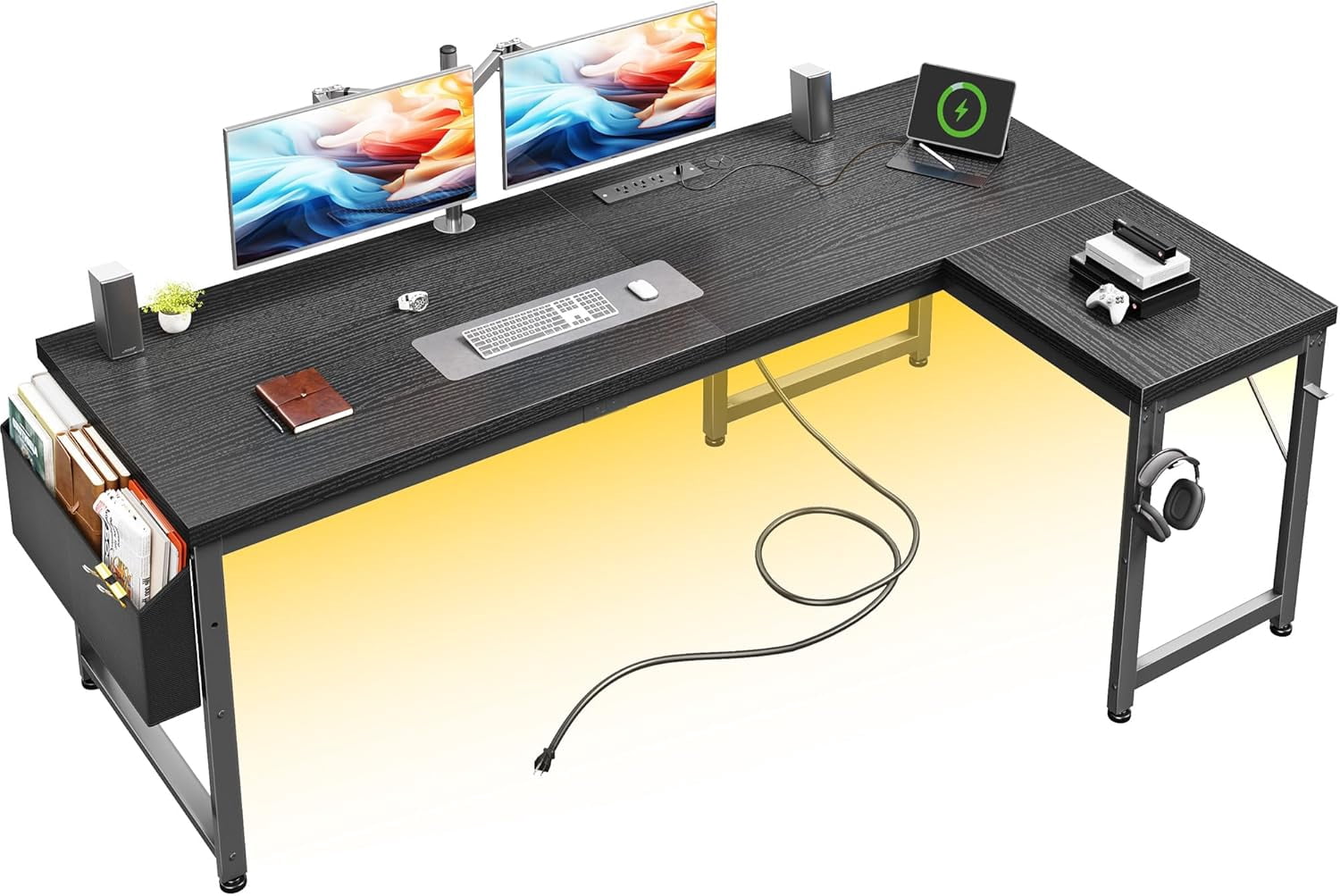 63" Larger L Shaped Desk for 2 monitors or 2 laptops, Reversible Computer Desk with Power Outlets and USB-C Port, Gaming Desk with LED, 0.95" Thicker Office Corner desk for Study, Work Black