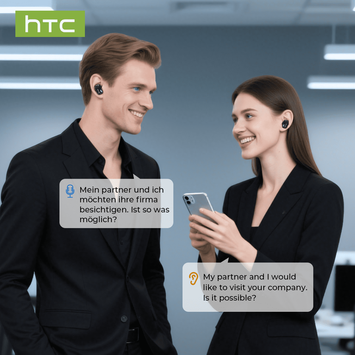 HTC NE16 Wireless Translation Earbuds Real Time for 134 Languages Translator Headphones with APP Noise Cancelling