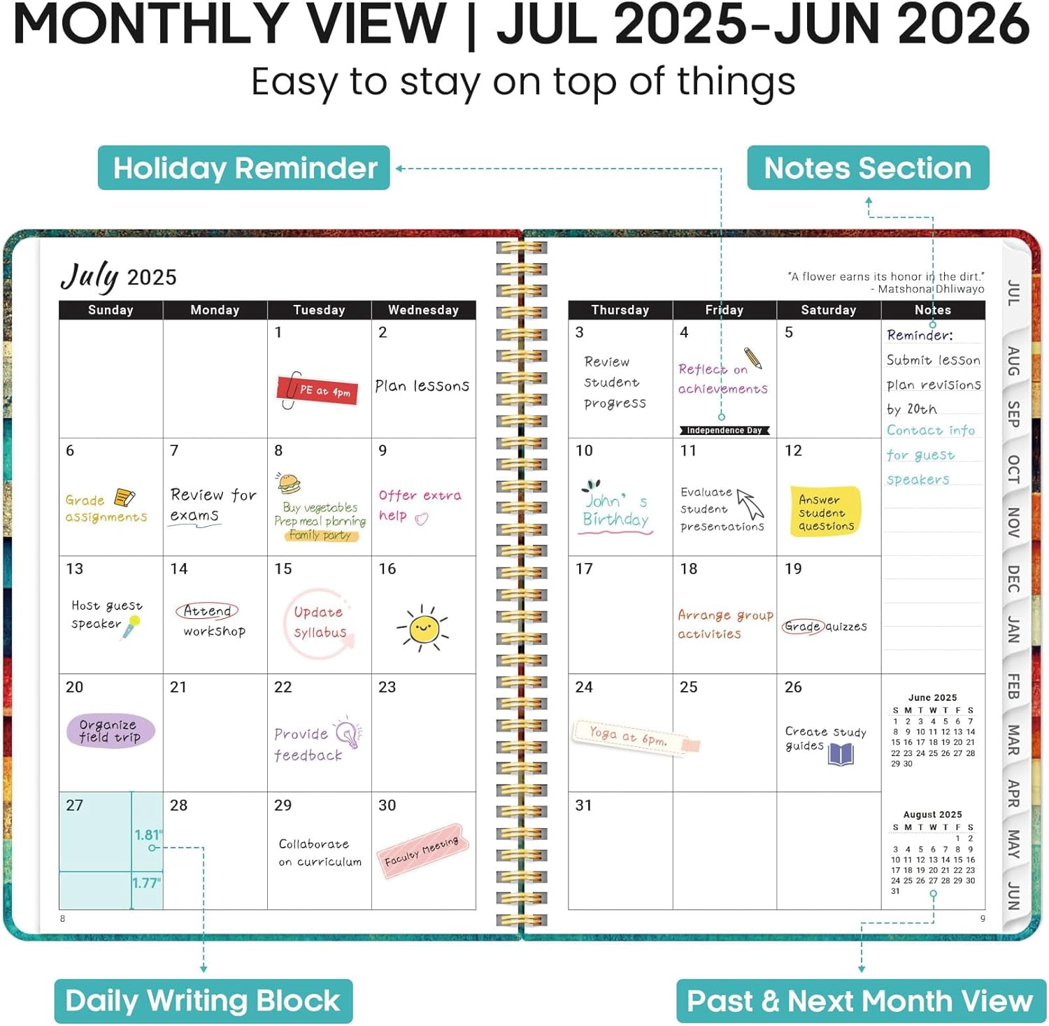 Academic Planner 2025-2026, Weekly and Monthly Calendar Planner Book, July 2025 – June 2026, Hardcover Organizer with Tabs, Perfect for Teachers, Students, Women & Men, A5 (6.4" x 8.5") - Pink