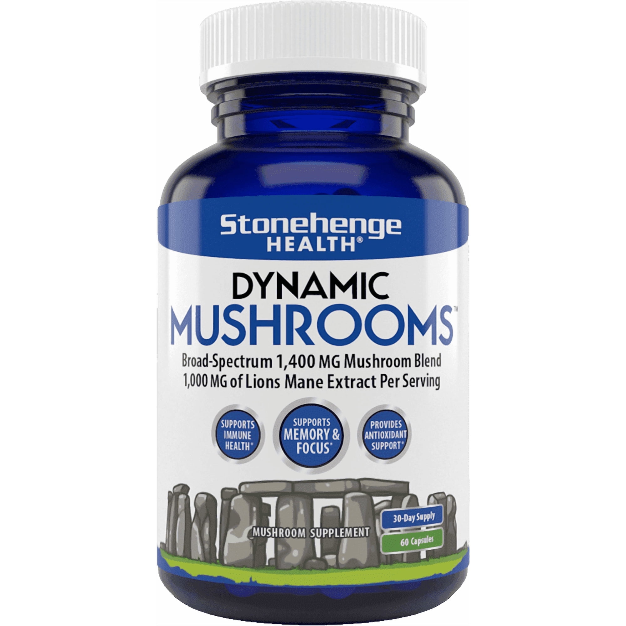 Stonehenge Health Dynamic Mushrooms - 100% Fruiting Bodies & Extracts - Lion’s Mane, Chaga, Maitake, Shiitake, Reishi - Nootropic Brain & Focus, Immune System Booster No Mycelium, 60 Veggie Capsules