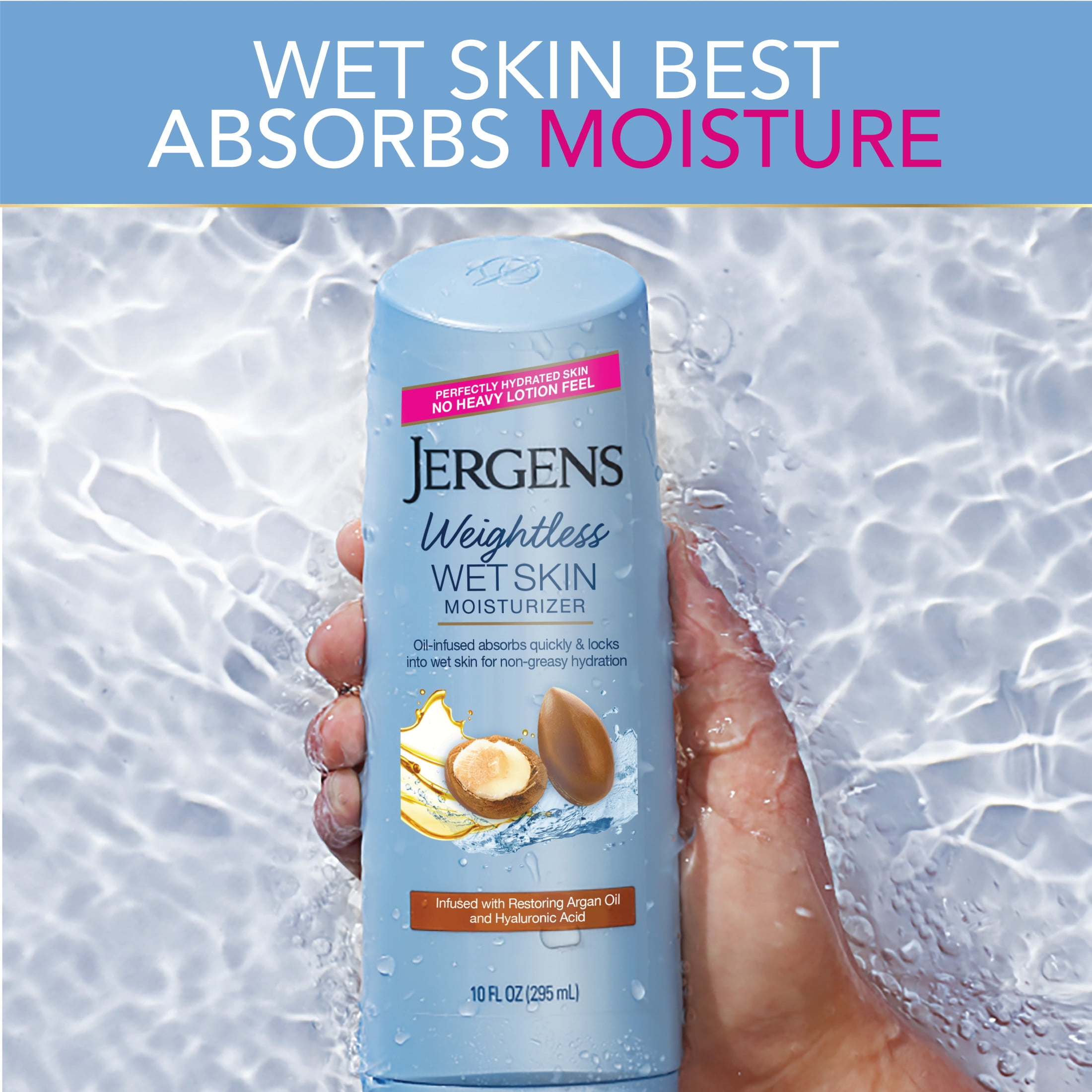 (3 pack) Jergens Argan Oil Weightless Wet Skin Body Lotion, Non-Greasy Moisturizer, for Dry Skin, 10 oz