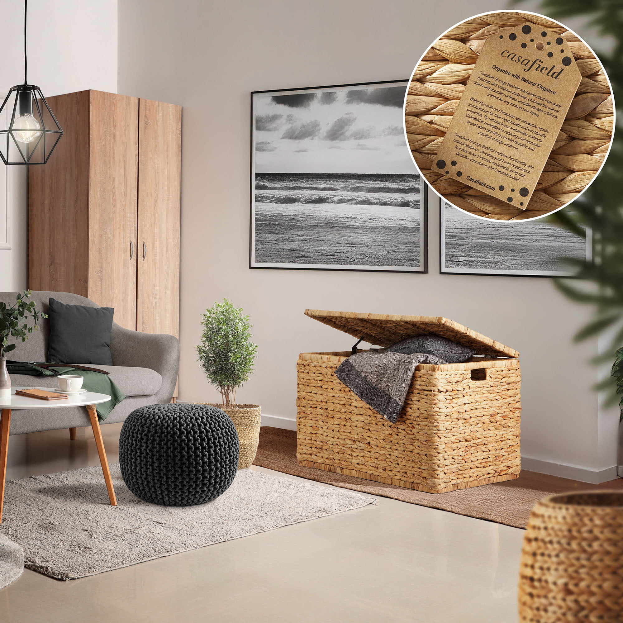 Casafield 30" Storage Chest with Lid, Handles, Safety Hinge - Natural, Water Hyacinth Wicker Storage Trunk Basket for Bedroom, Entry Way, Living Room