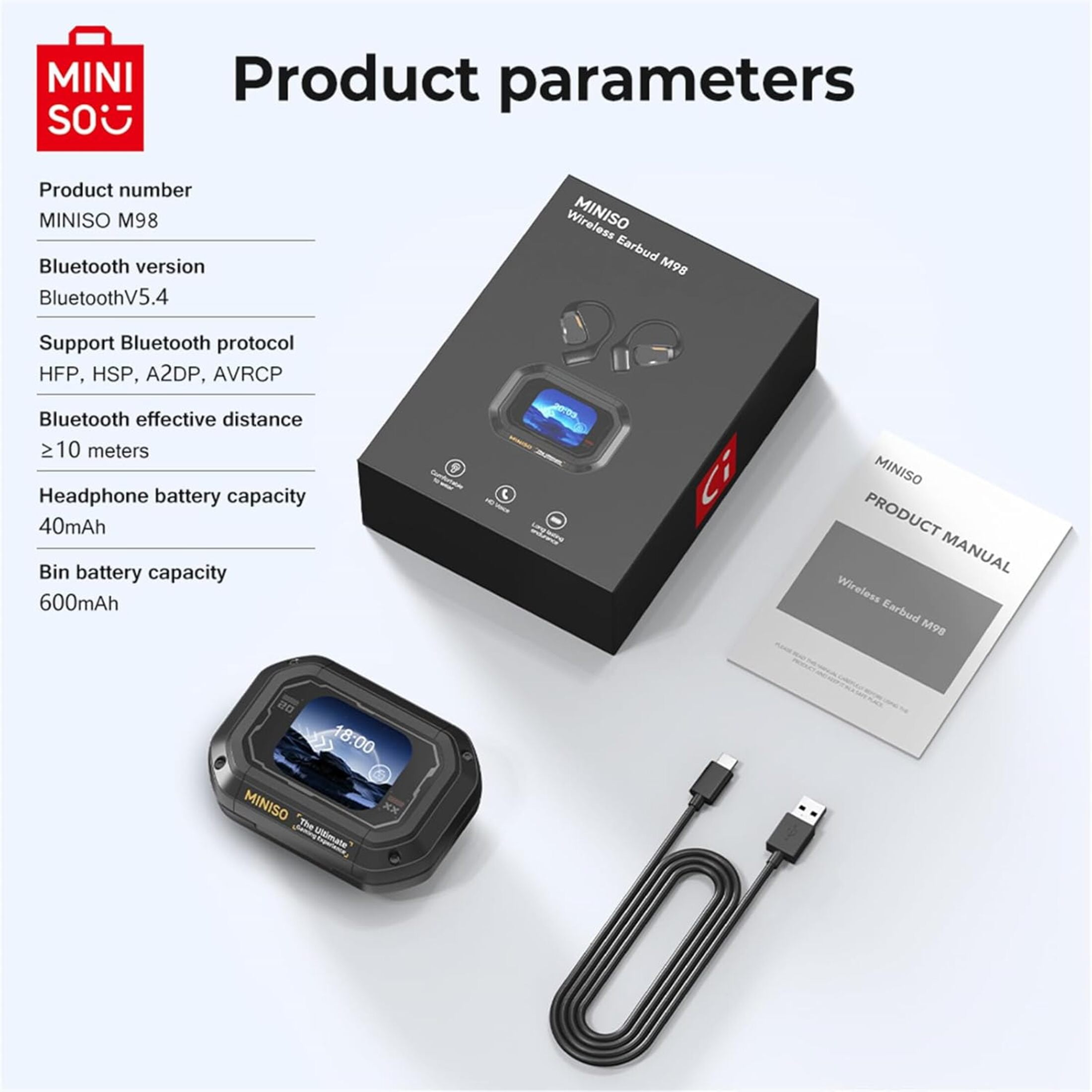 MINISO M98 Translation Earbuds with LED Display Screen AI Translation Headphones Bluetooth Earphones Wireless Translator Earbuds for Running