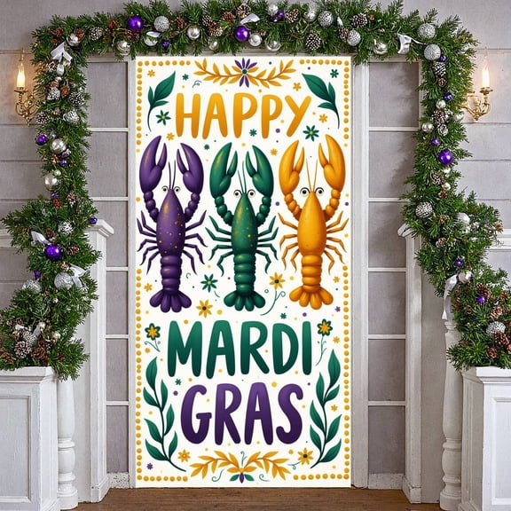 Colorful Beads Mardi Gras Banner Ornate Mask Carnival Display Red Lobster Purple Background Lobster Backdrop for Mardi Gras Party Carnival Celebration Festival Decoration