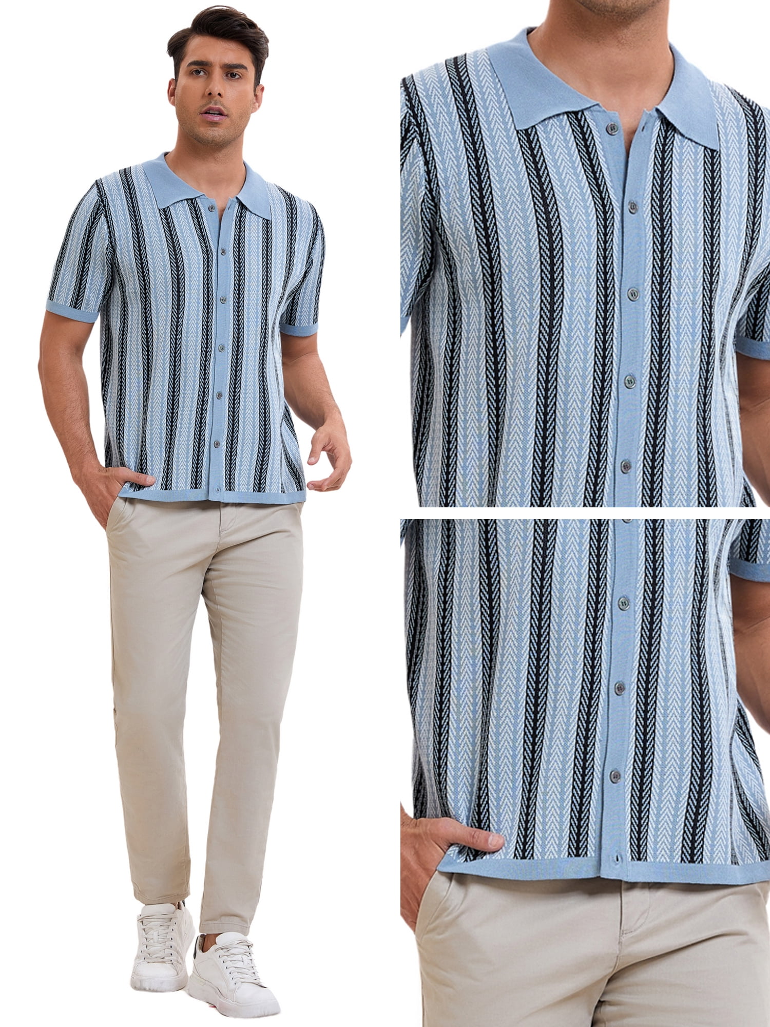 DARING DIVA Men's Striped Short Sleeves Button Down Jacquard Polo Shirts S Light Blue