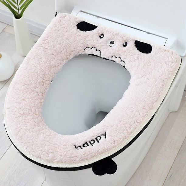 CaiYueKe Plush Toilet Seat Cover Winter Insulated Cushion Waterproof Soft Bathroom Mat Zipper Style Pet Puppy Design Warm Cozy Universal Fit Washable