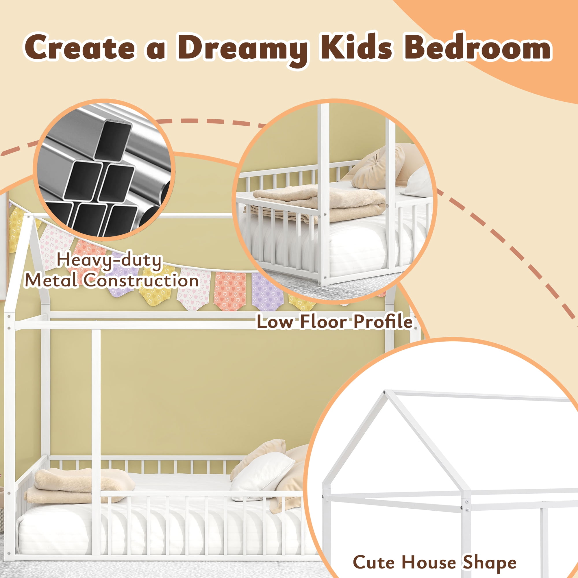 Full Size Metal House Bed Frame with Rails, Montessori Floor Bed without Slats (White)