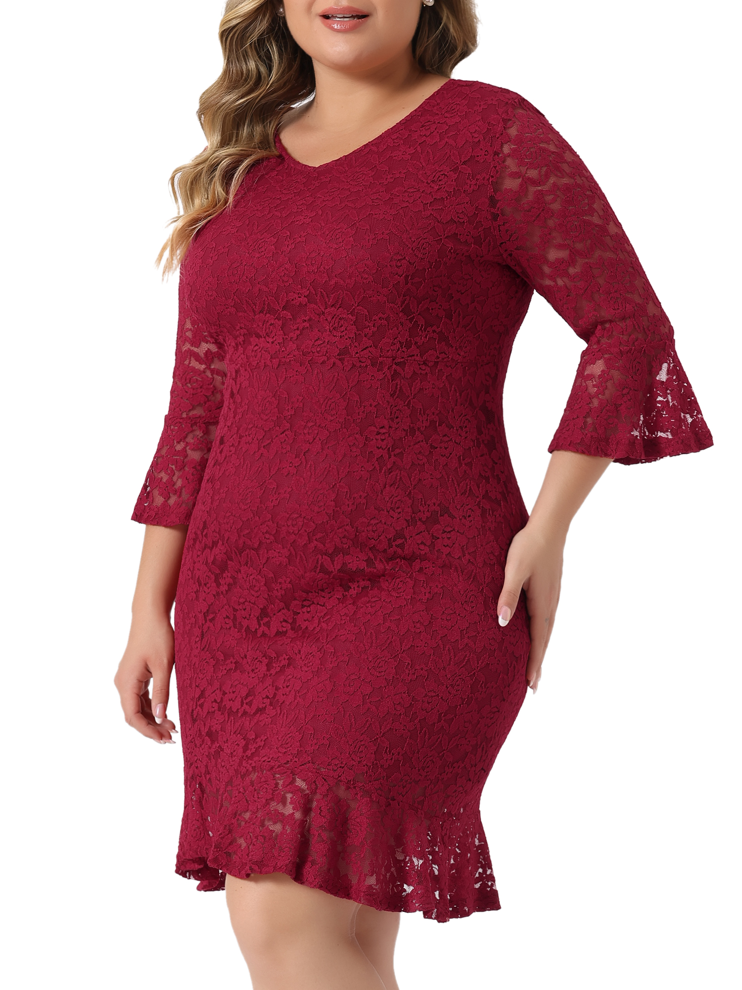 DARING DIVA Plus Size V Neck Ruffle Hem Lace Cocktail Dress 1X Burgundy