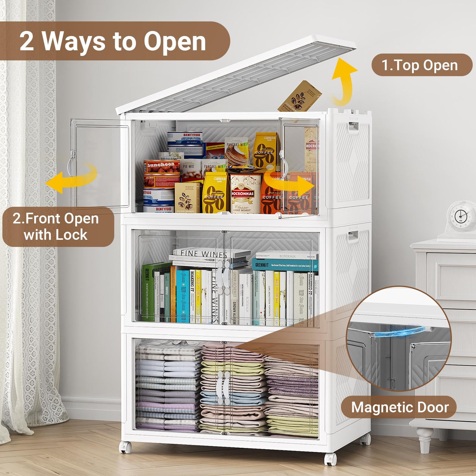 Broview Clear PET Stackable Storage Bins with Lids, Closet Organizers and Storage, 100Gal Folding Storage Boxes with Latching Locks, Collapsible Storage Cabinet for Room, 4Pack White