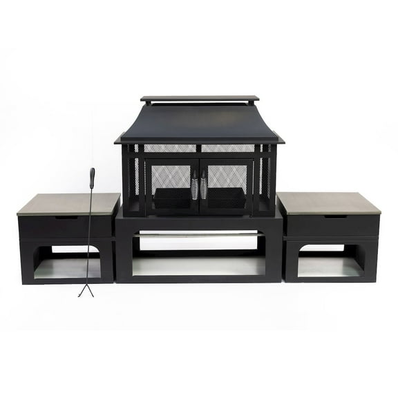 Deko Living Steel Woodburning Fireplace with Log Storage Compartment & Side Tables