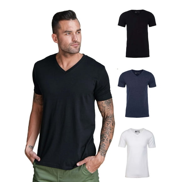 INTO THE AM V Neck T Shirts Men 3-Pack Fitted casual Essential Plain Undershirt Sleep Vneck Tshirt Multipack (BlackNavyWhite, Large)