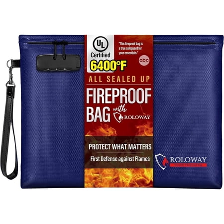 ROLOWAY Fireproof Document Bag (14.5 x 11.5 inch), 6400? Fireproof Money Bag with Zipper for Cash, Fire Safe Smell Proof Money Pouch with Lock (Blue)