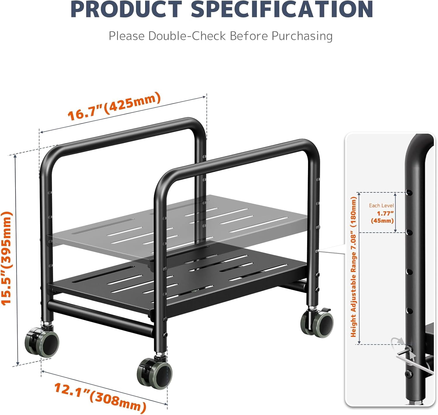Computer Tower Stand Under Desk - Height Adjustable PC Stand for Most Mid-Tower, Rolling CPU Holder with 360° Locking Wheels, Max Load 66 lbs, Black