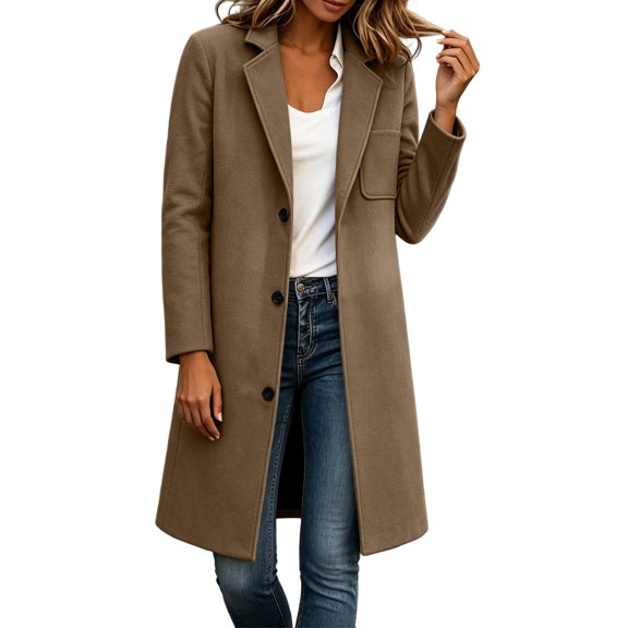 Kilaqueen Women's Longline Notched Lapel Coat, Classic Button Down Overcoat for Office, Commute and Weekend Outfits