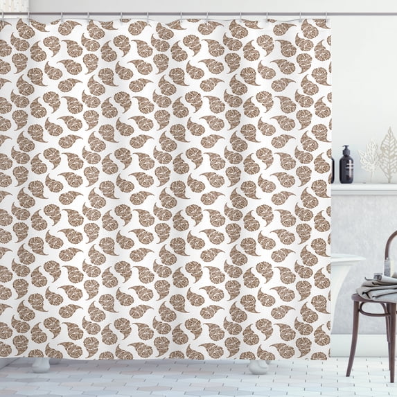 Brown Paisley Shower Curtain, Abstract Leafy Inspired Intricate Ornaments Continuous Simple Illustration, Fabric Bathroom Set with Hooks, 69W X 70L Inches, Umber White, by Ambesonne