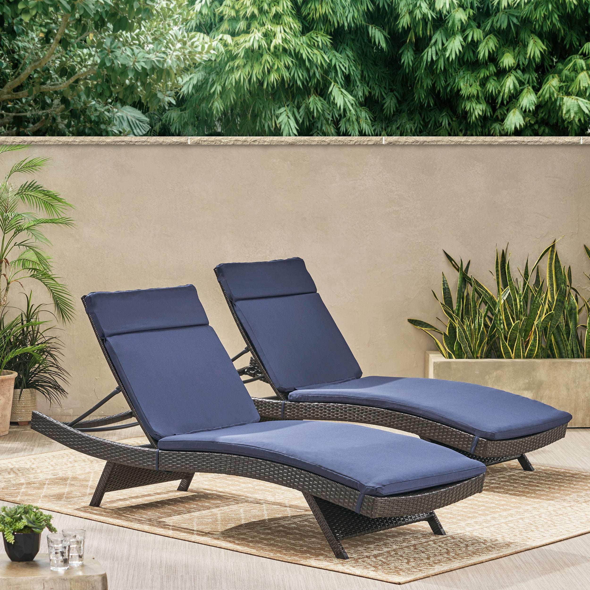 Noble House Sunset Outdoor Brown Wicker Adjustable Chaise Lounge with Colored Cushions (Set of 2)