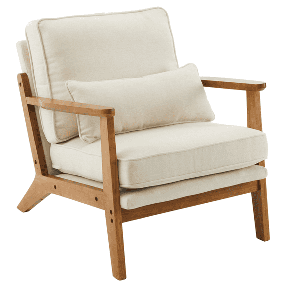 Alvantor Mid-Century Modern Upholstered Lounge Chair, Off White with Solid Wood Armrests