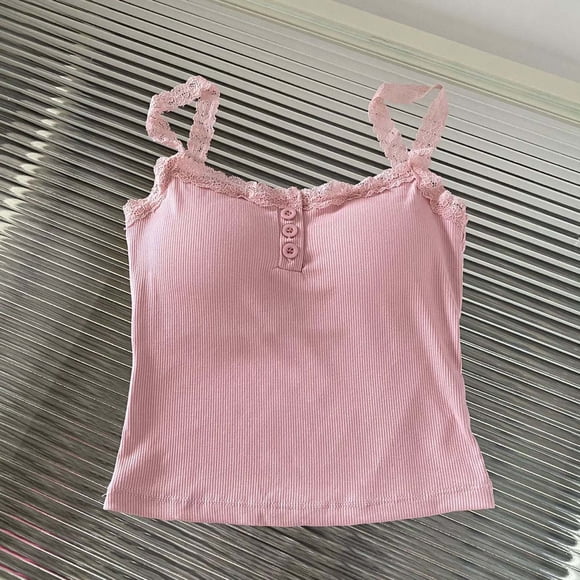 HongQid Women's Camisole Tops with Built in Bra Lace Trim Spaghetti Strap Cami Tank Top