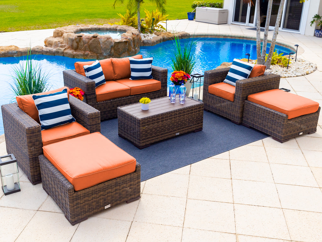 Tuscany 6-Piece M Resin Wicker Outdoor Patio Furniture Lounge Sofa Set with Loveseat, Two Armchairs, Two Ottomans, and Coffee Table (Half-Round Brown Wicker, Sunbrella Canvas Tuscan) - image 1 of 4