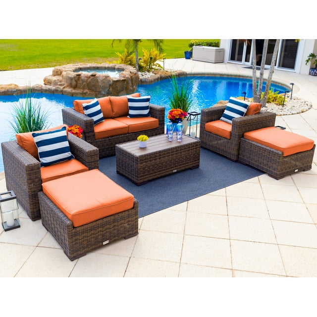 Tuscany 6-Piece M Resin Wicker Outdoor Patio Furniture Lounge Sofa Set with Loveseat, Two Armchairs, Two Ottomans, and Coffee Table (Half-Round Brown Wicker, Sunbrella Canvas Tuscan)