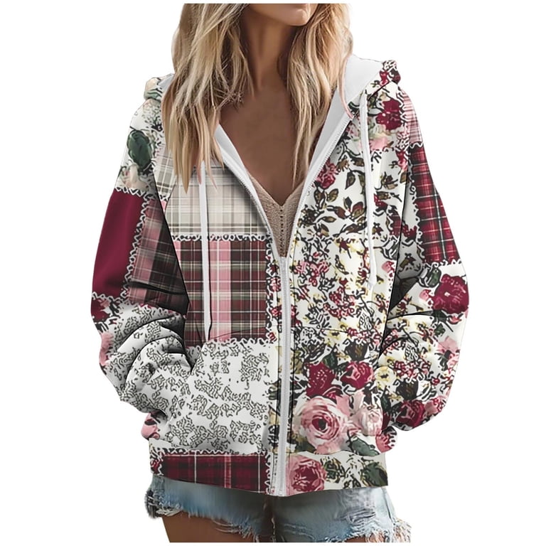Lopecy-Sta Women's Floral Patchwork Zip-Up Hoodie, Drop Shoulder