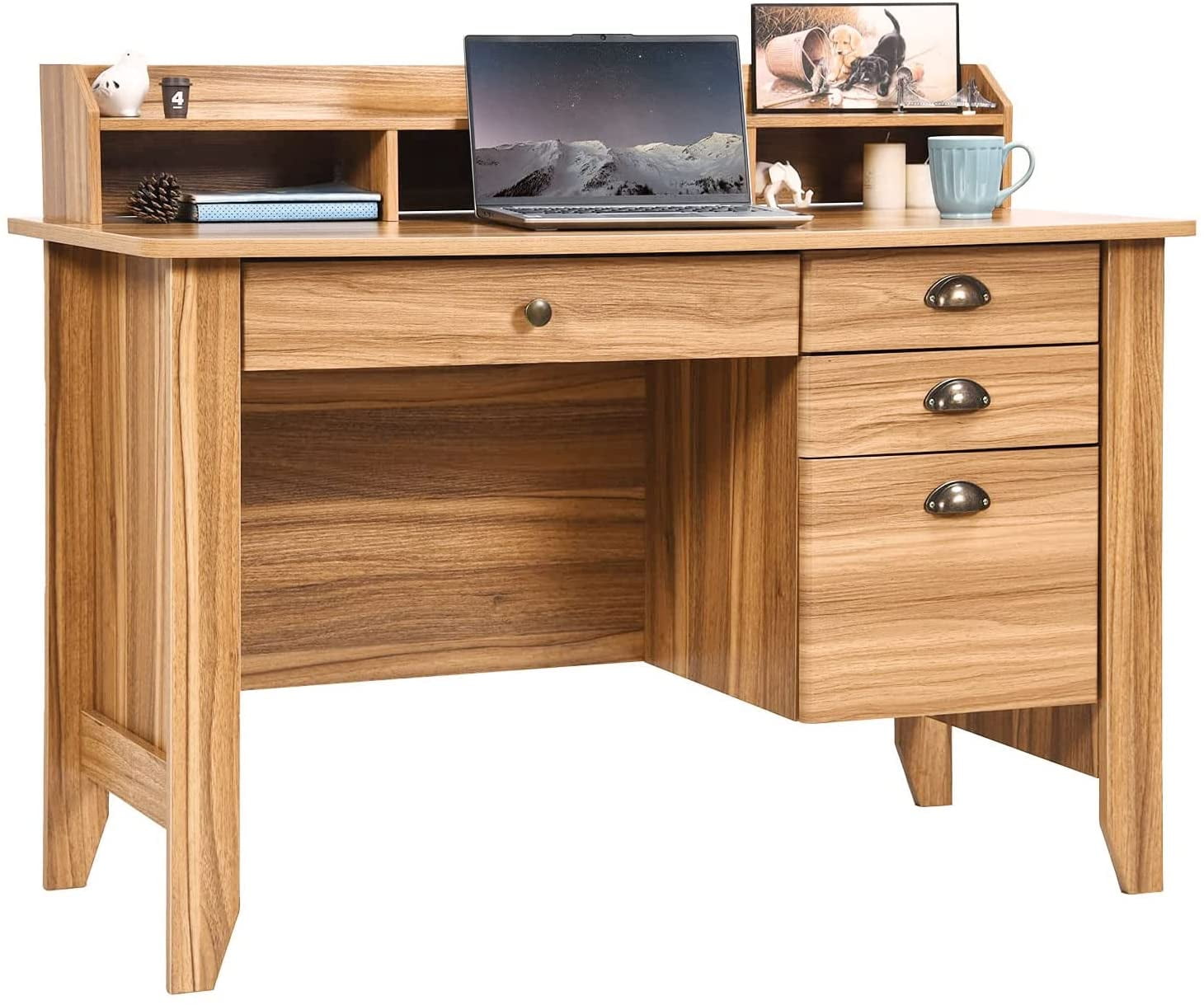 Catrimown 47.5 in Computer Desk with 4 Drawers, Wood Executive Desk Home Office Desk with Hutch, Vintage Study Table Writing Desk with Shelf for Small Spaces, Rustic Brown - 3
