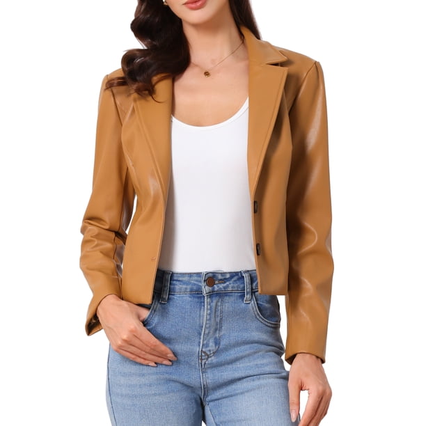 CHAQUETA DE CUERO PARA MUJER INSPIRADA CHIC Blazer de Manga Larga con Solapa Notch Vintage Moto Biker Abrigo Vegano de Piel Sintética L Marrón Claro