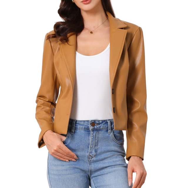 CHAQUETA DE CUERO PARA MUJER INSPIRADA CHIC Blazer de Manga Larga con Solapa Notch Vintage Moto Biker Abrigo Vegano de Piel Sintética S Marrón Claro