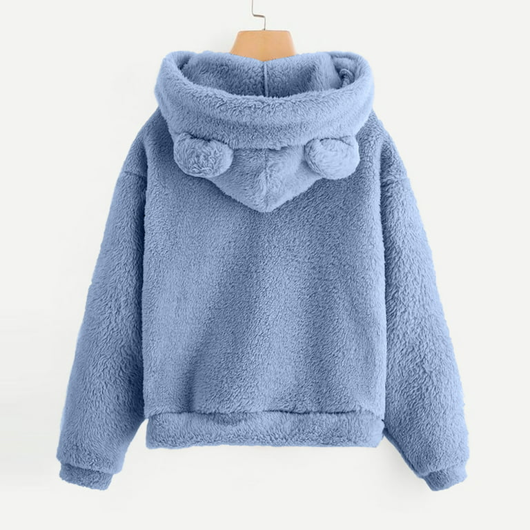 JWZUY Womens Fleece Pullover Cute Bear Ear Hoodie Fluffy Coat Warm Plush  Sweatshirt Teen Girls Long Sleeve Outerwear Blue XXXXL 