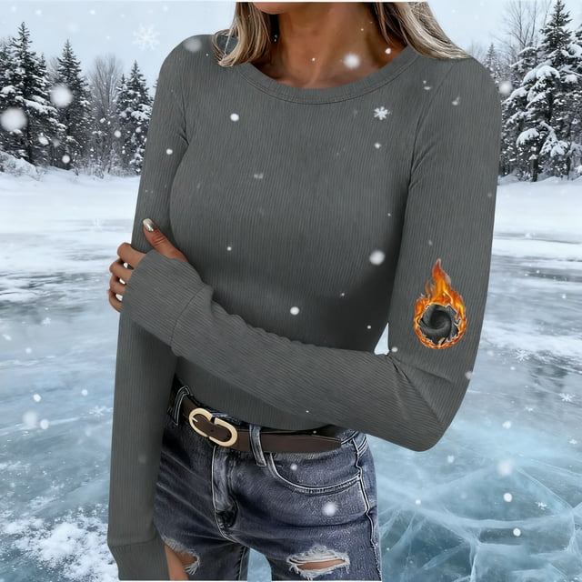 Pisexur T-Shirt à Manches Longues pour Femmes, Col Ras du Cou Extensible, Confortable et Doux, Design Chaud à Poignets, Côtelé, Ajusté, Décontracté, Basique, Gris, M
